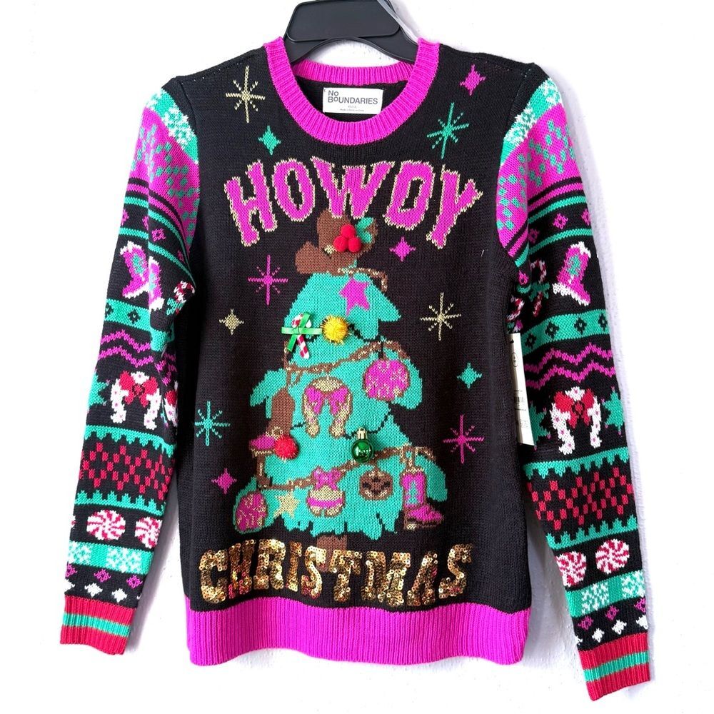 Sweater Women's Howdy Christmas Western-themed Ugly Size XS Black pink